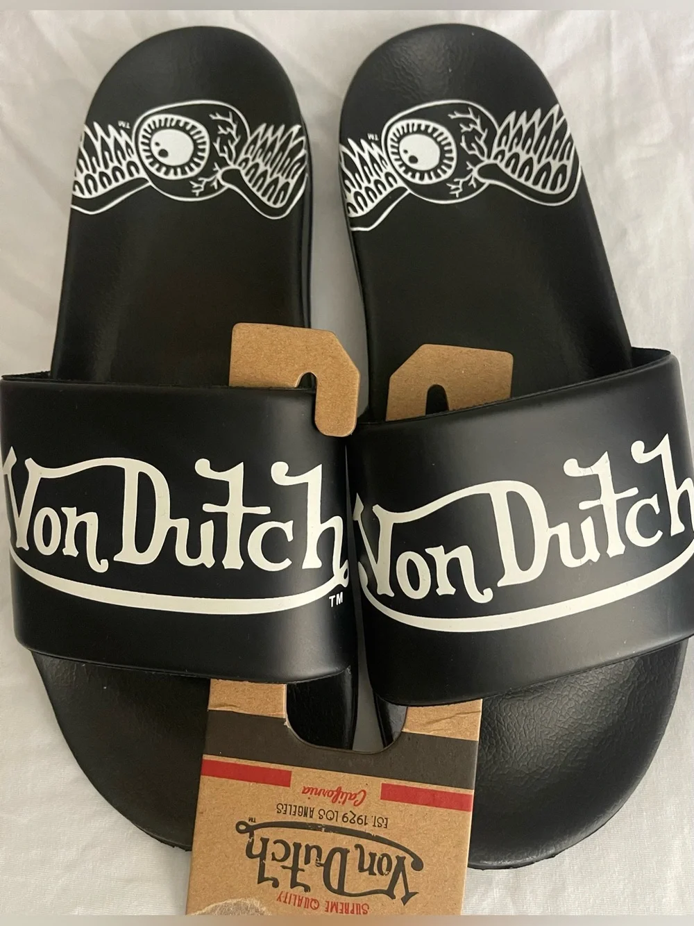 Von Dutch Black and White Logo Slide Sandals
